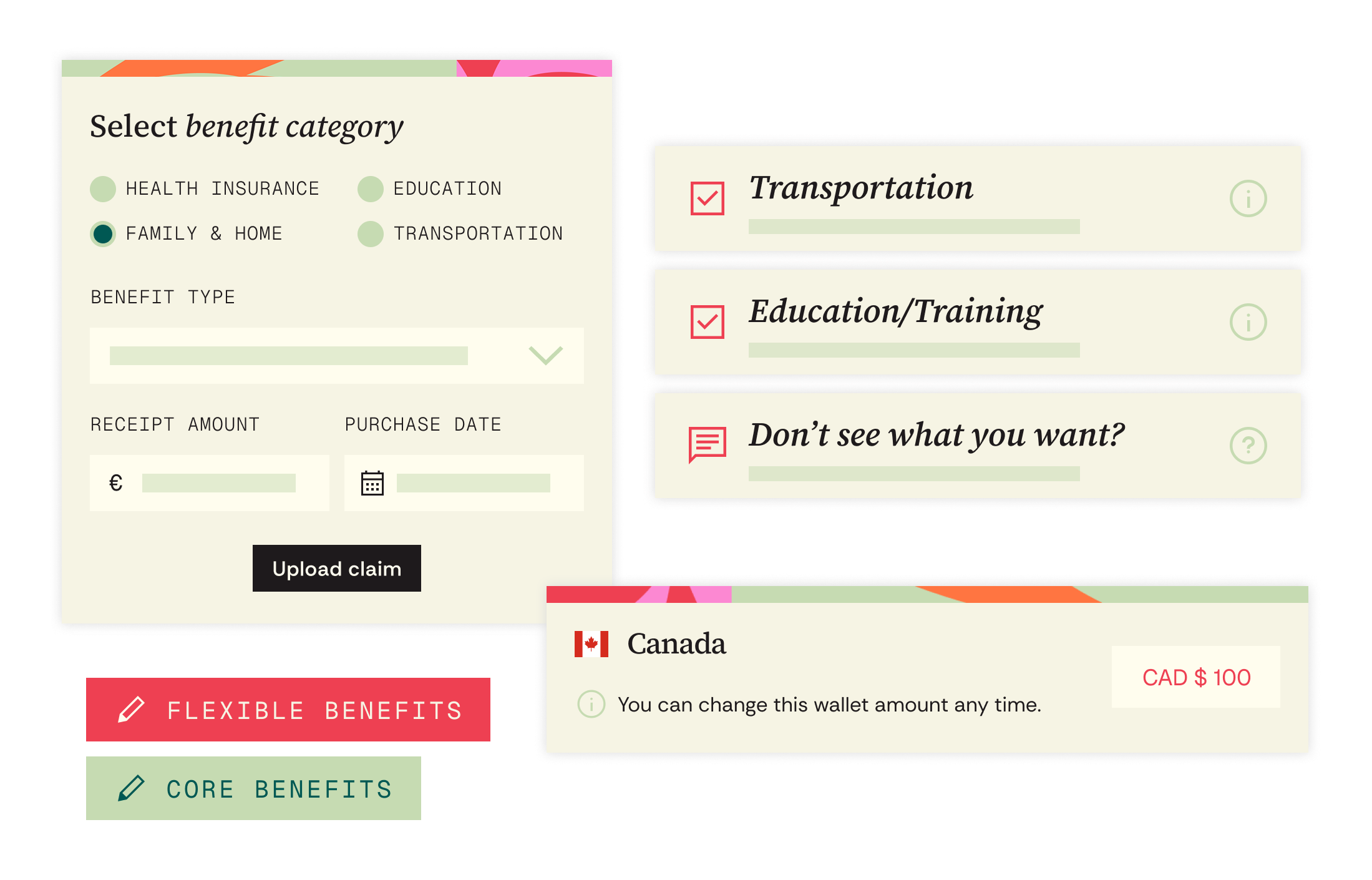 Employee benefits management interface showing flexible and core benefits categories, reimbursement claim upload, and country-specific benefit wallet balance.
