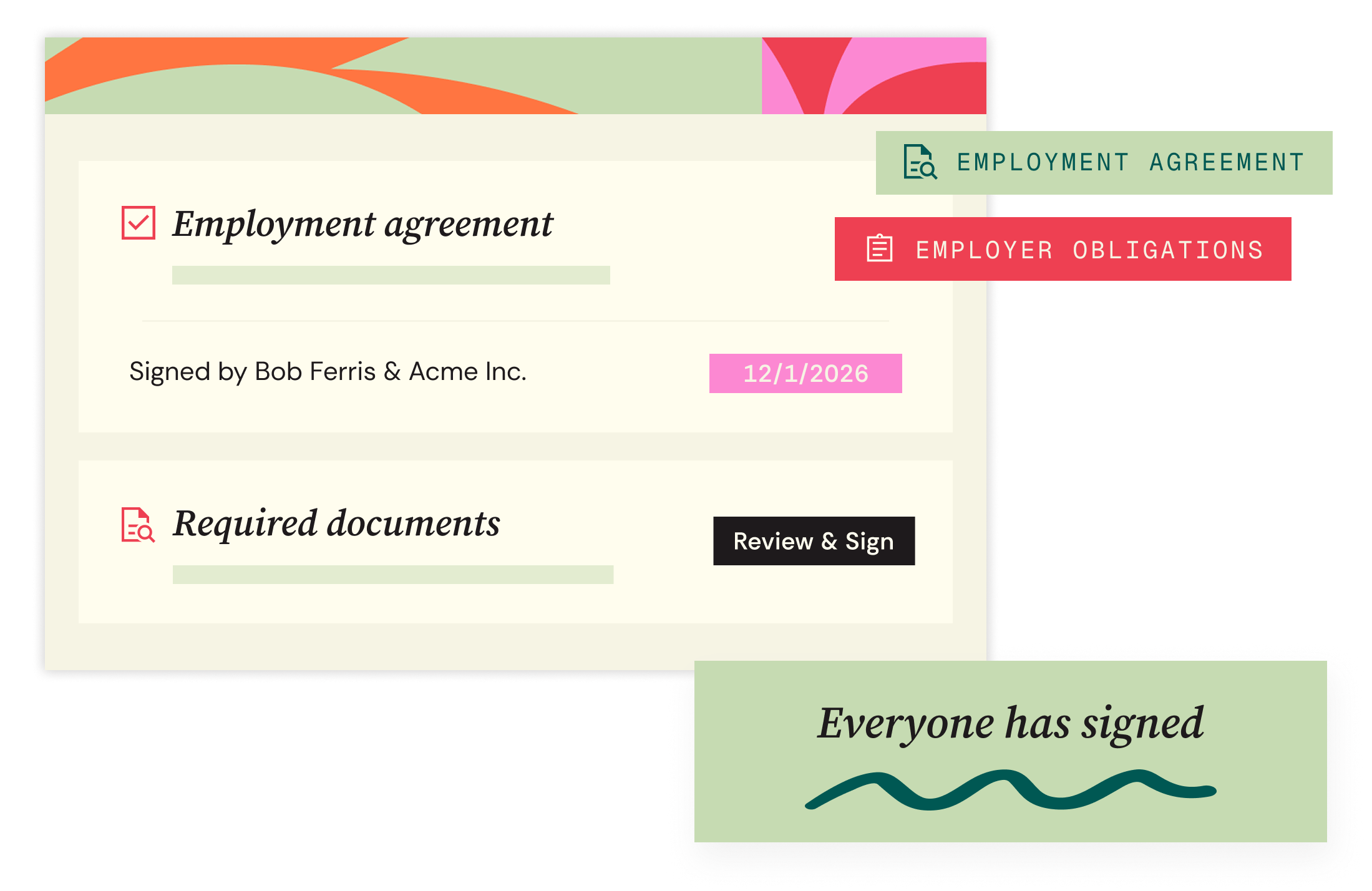 Employment agreement management interface showing signed contracts, required documents, employer obligations, and completion status across multiple countries.