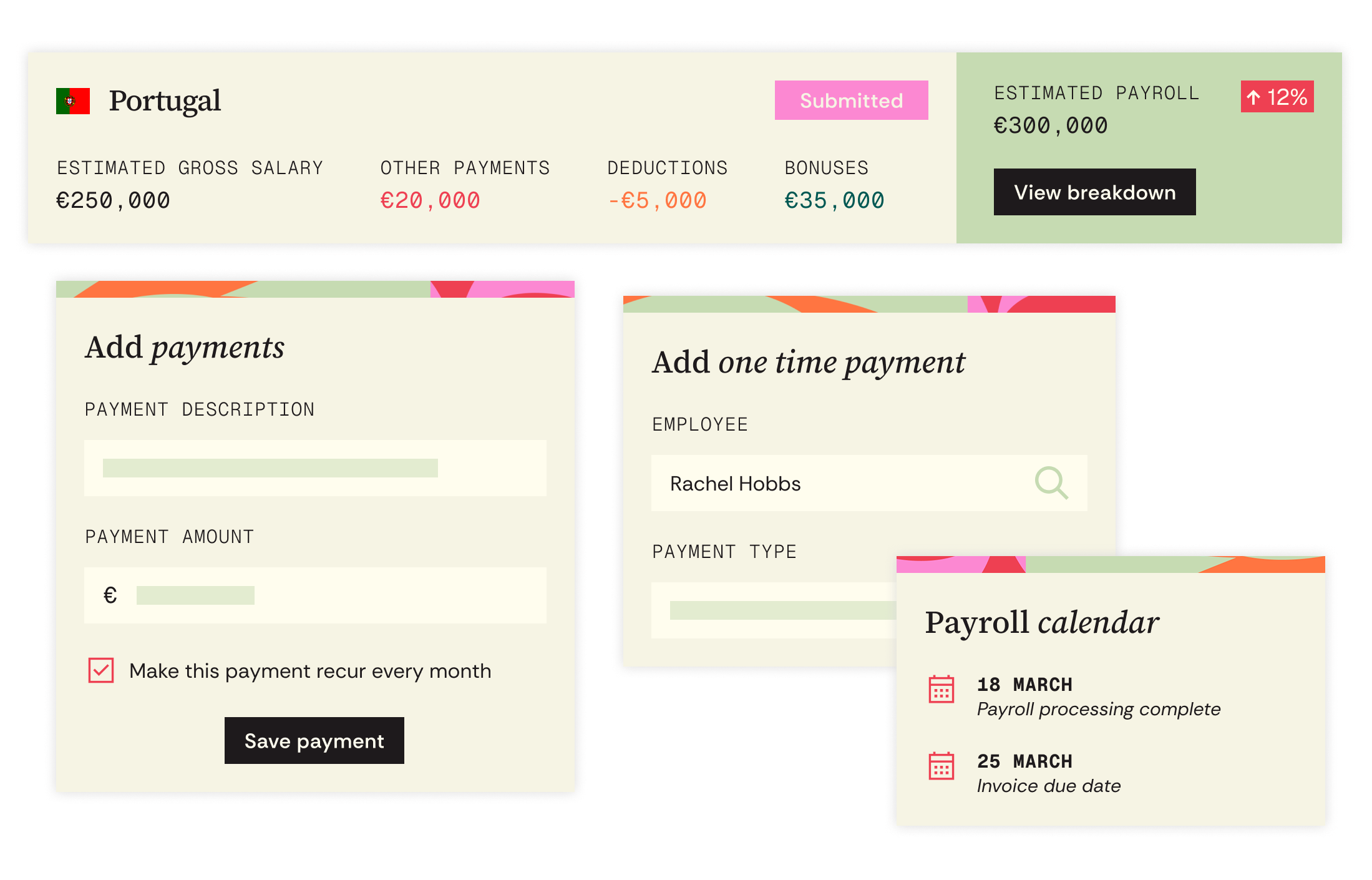 Boundless Employer of Record payroll interface showing estimated payroll costs by country, one-time and recurring payments, and upcoming payroll deadlines.