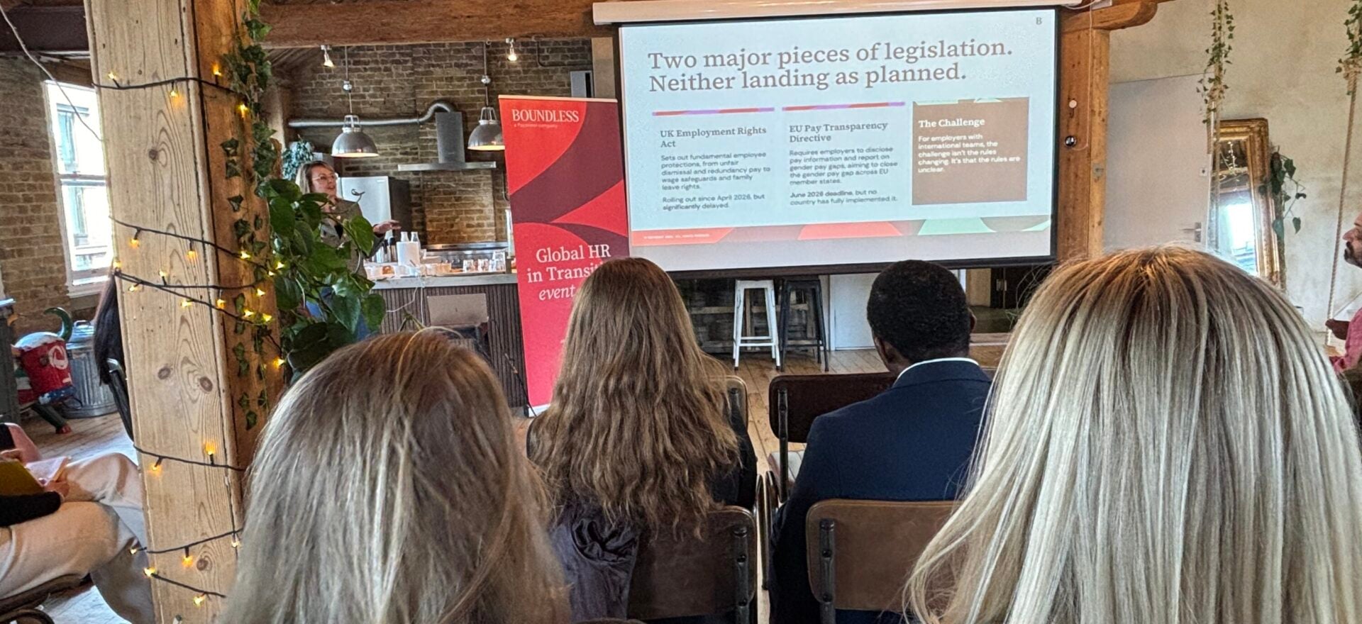 Boundless breakfast event, featuring Sam Theobald, Kathryn Barnes, and Dee Coakley discussing how to balance legislative change with business as usual